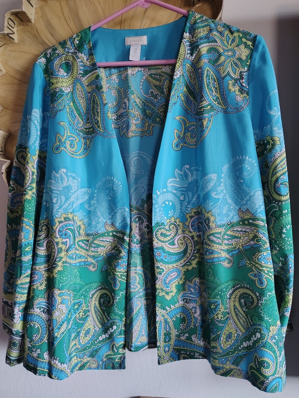 Chico's Open Front Blouse Paisley Print Aqua Green Yellow Women's Sz 2